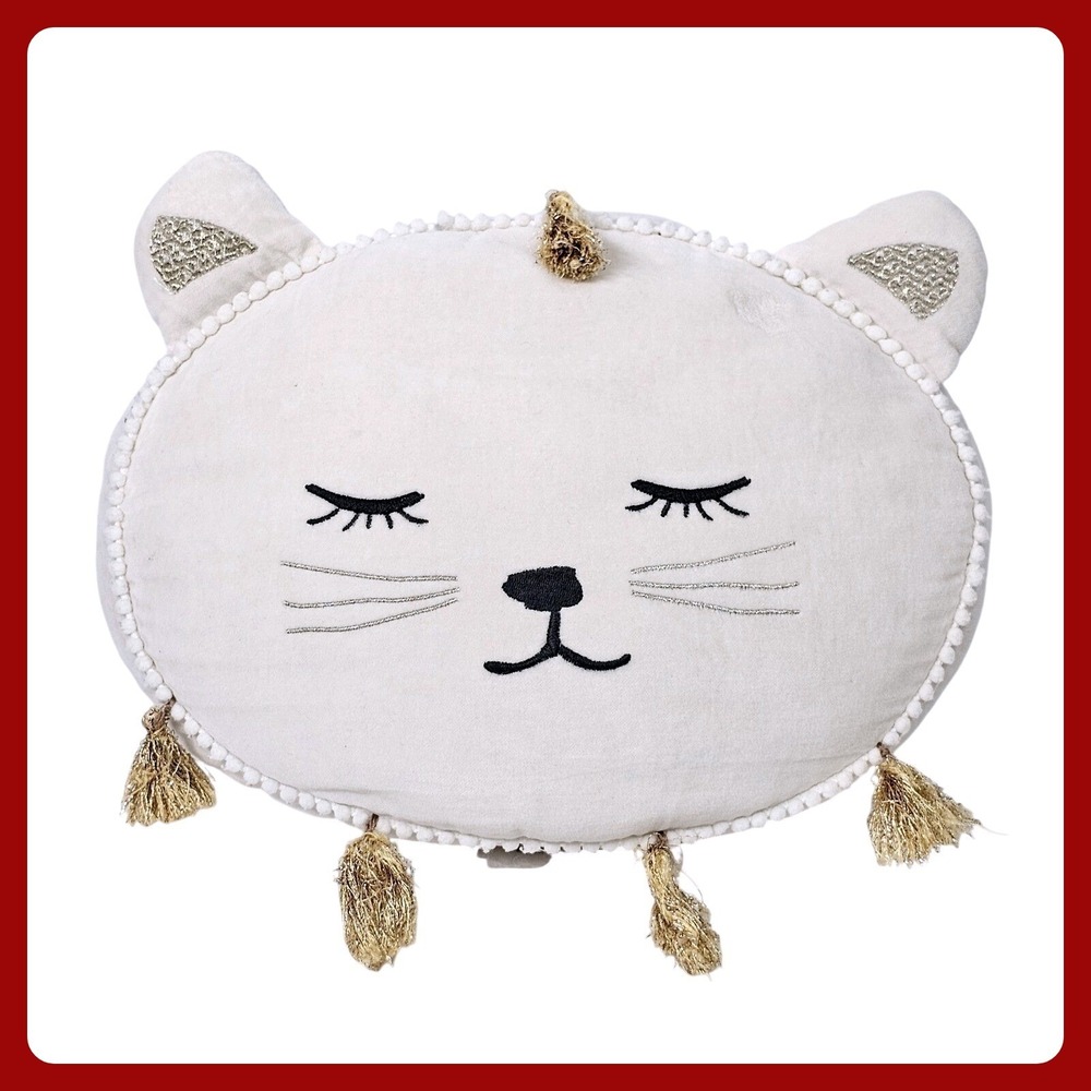 Pottery Barn Kids Emily‎ Meritt Cat Face Pillow Beige Gold Tassel Cotton Velour
